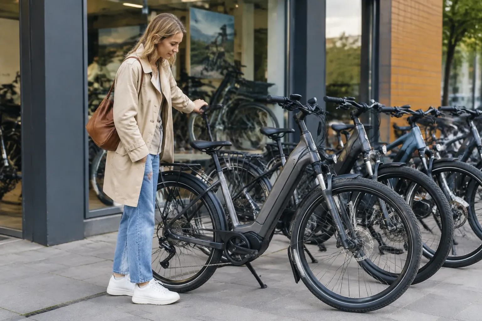Vrouw bekijkt elektrische fiets buiten fietsenwinkel, rij met meerdere e-bikes zichtbaar