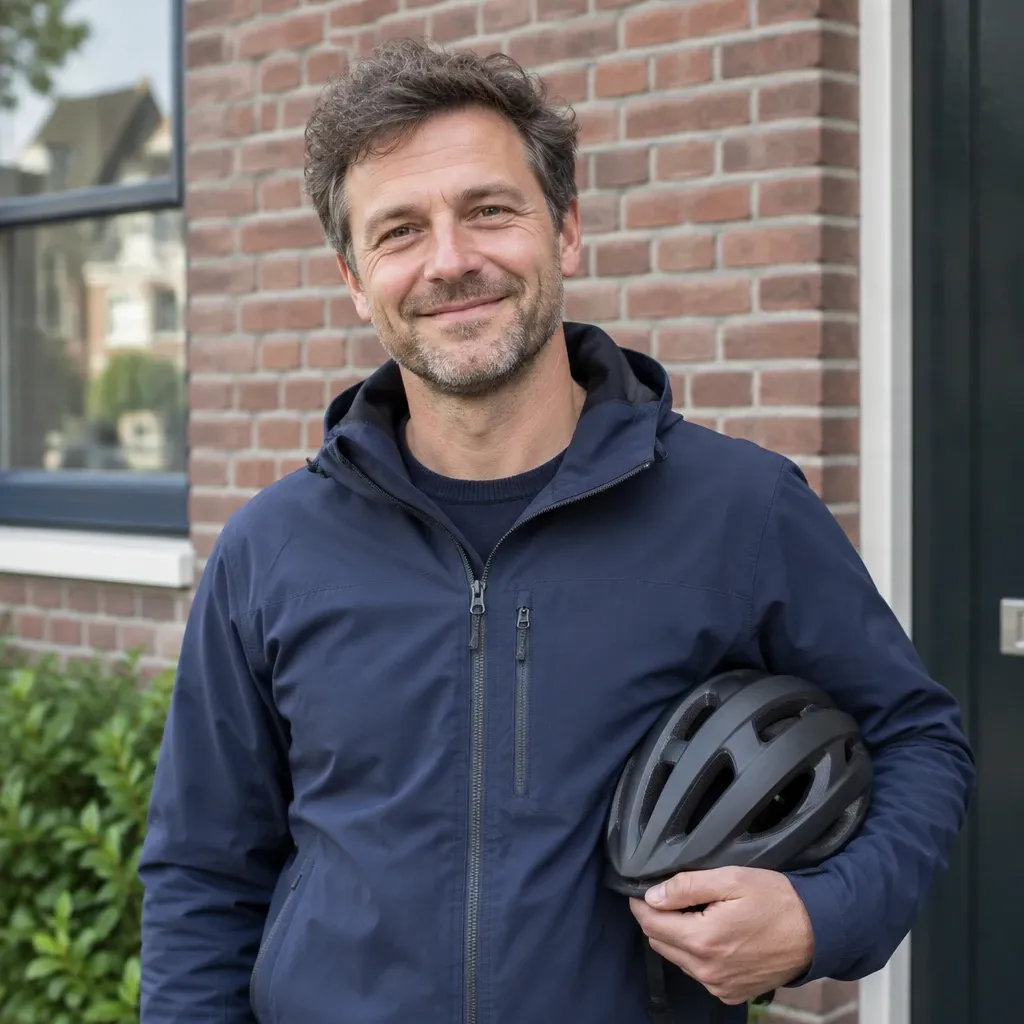 Man van middelbare leeftijd met een fietshelm onder zijn arm voor een bakstenen gevel