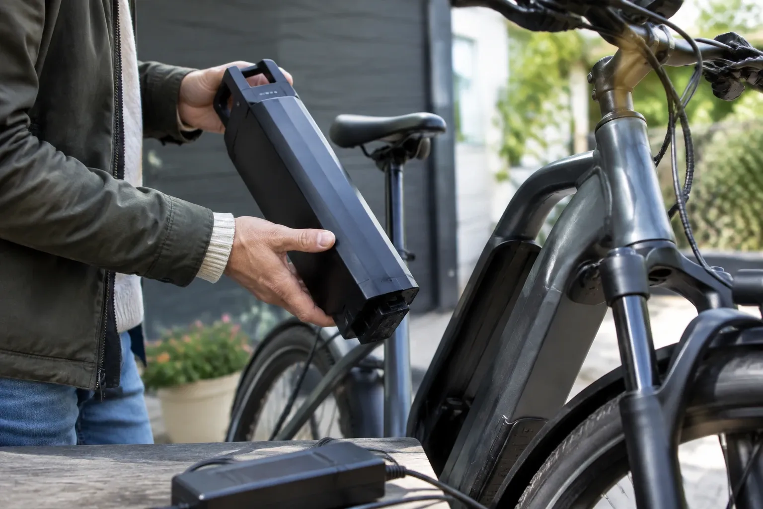 Persoon haalt verwijderbare e-bike accu uit bagagedrager voor opladen buiten