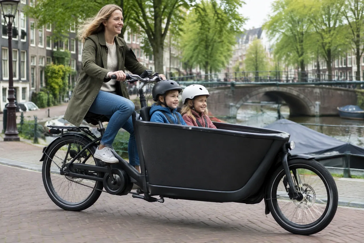 Vrouw op elektrische bakfiets met twee kinderen in bak langs gracht