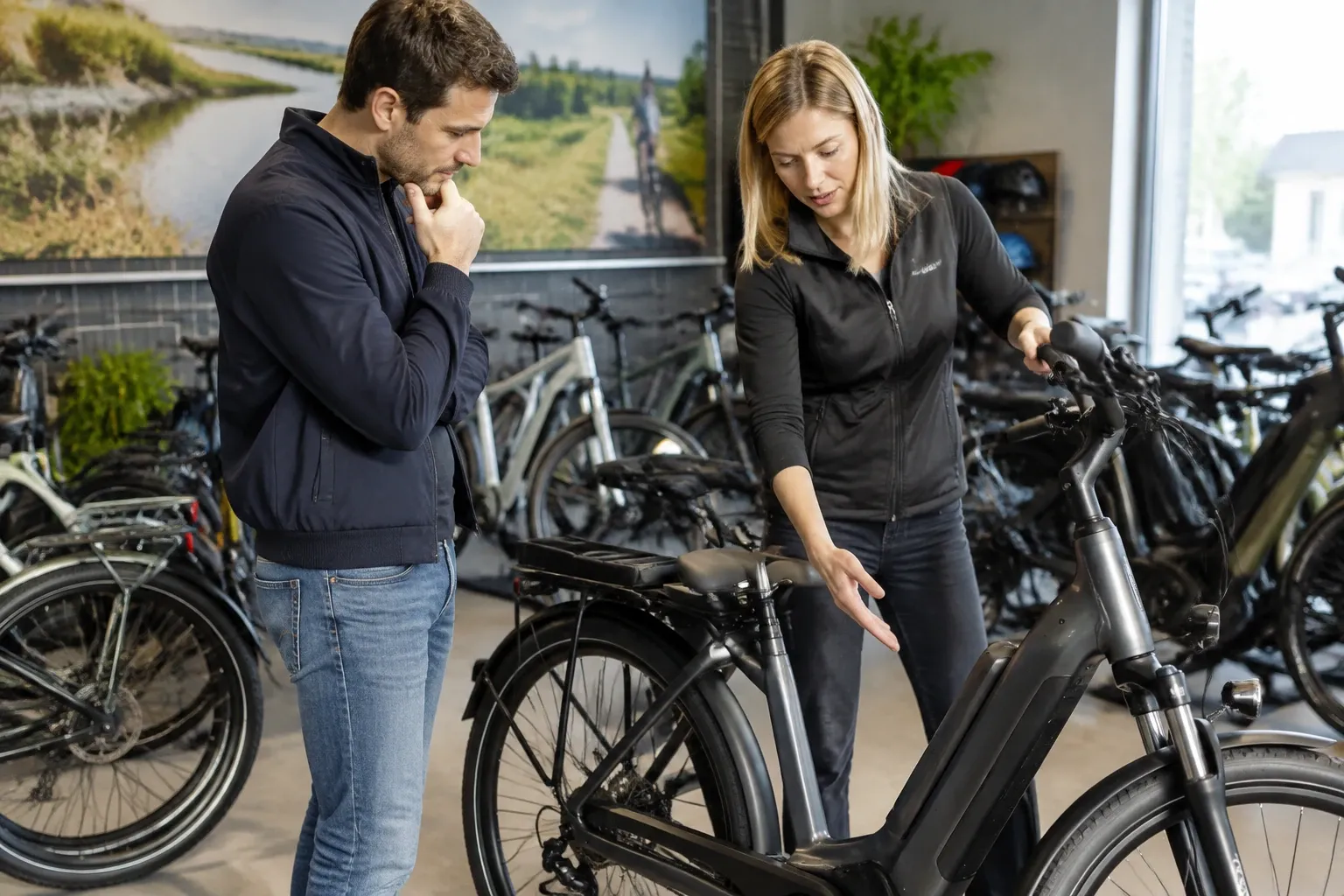 Verkoper wijst op accu van zwarte elektrische fiets terwijl klant aandachtig kijkt