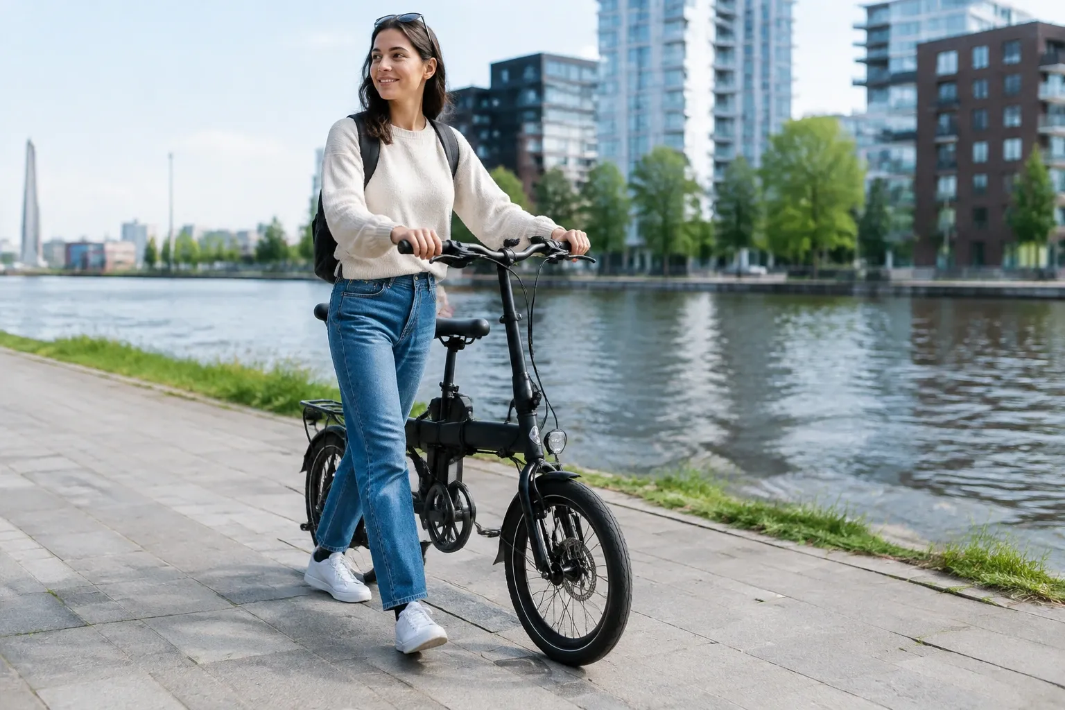Vrouw loopt langs gracht met elektrische vouwfiets, stadsgebouwen op achtergrond