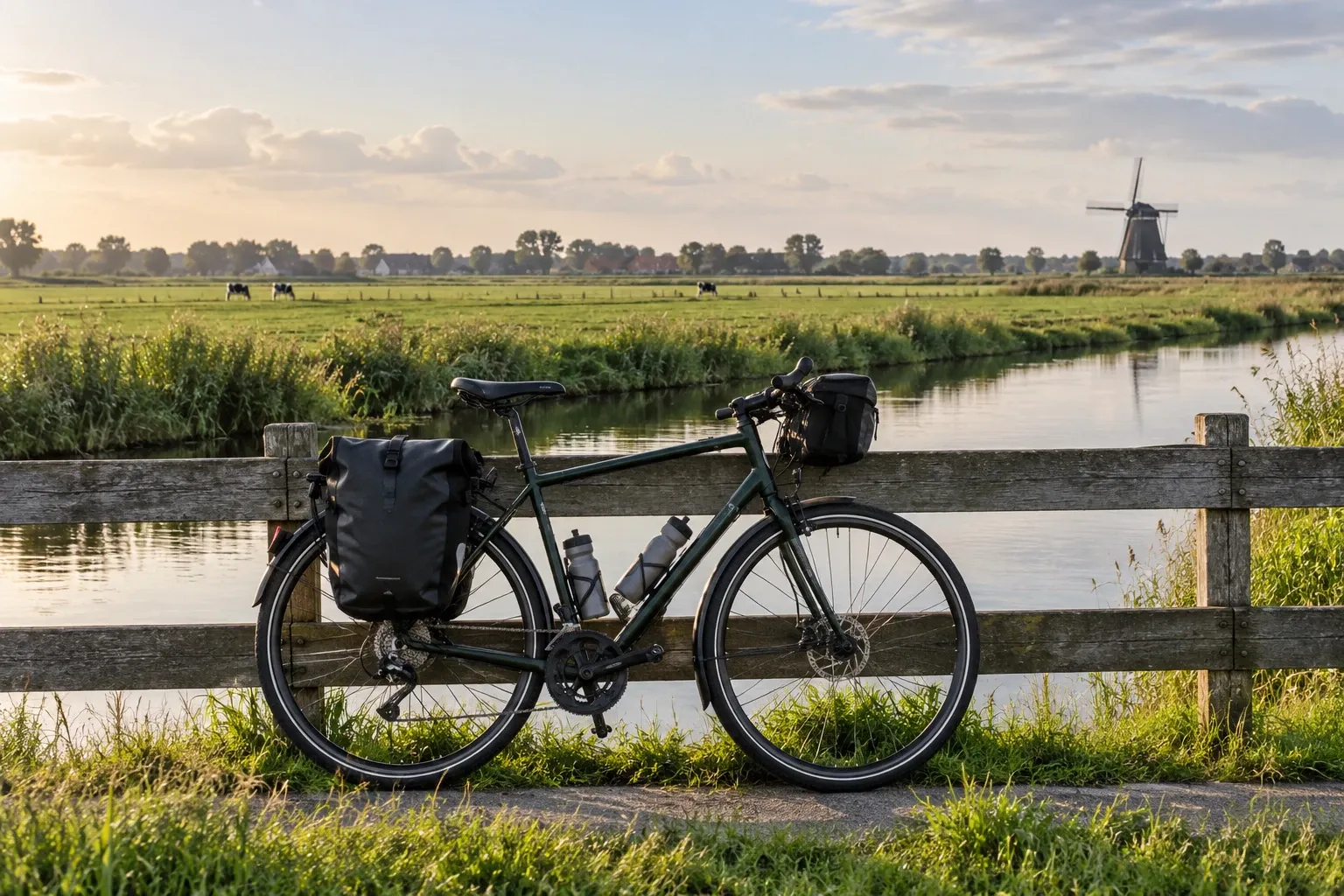 Racefiets met fietstassen tegen houten hek bij kanaal en molen in avondlicht