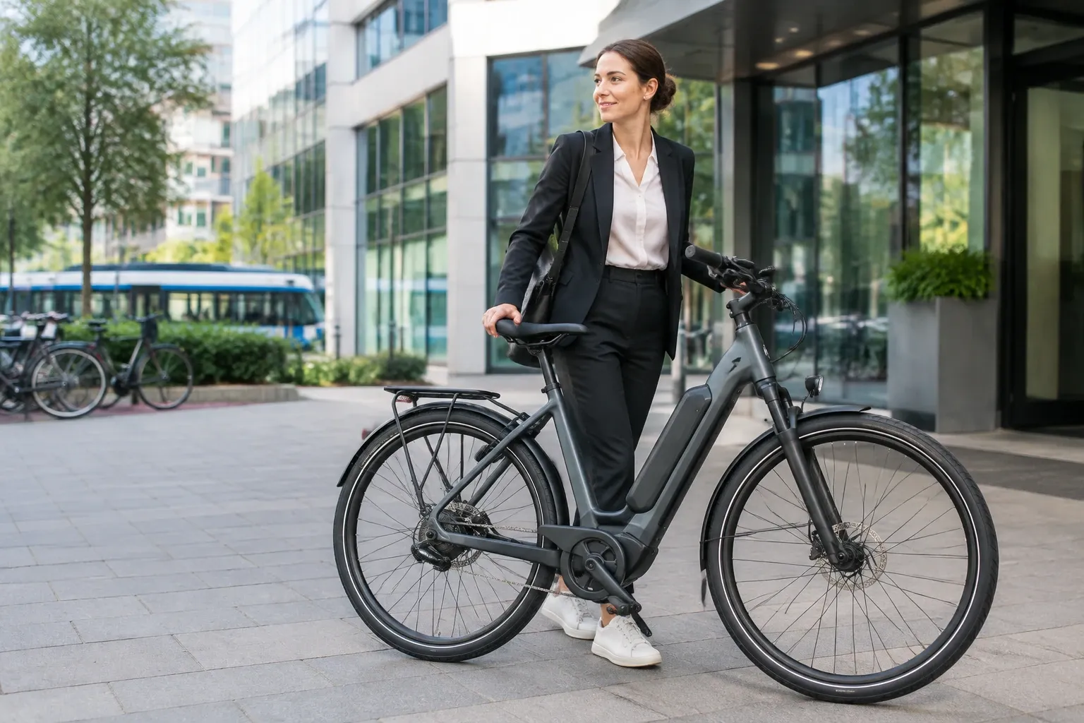 Zakelijk geklede vrouw met zwarte elektrische fiets voor modern kantoorgebouw