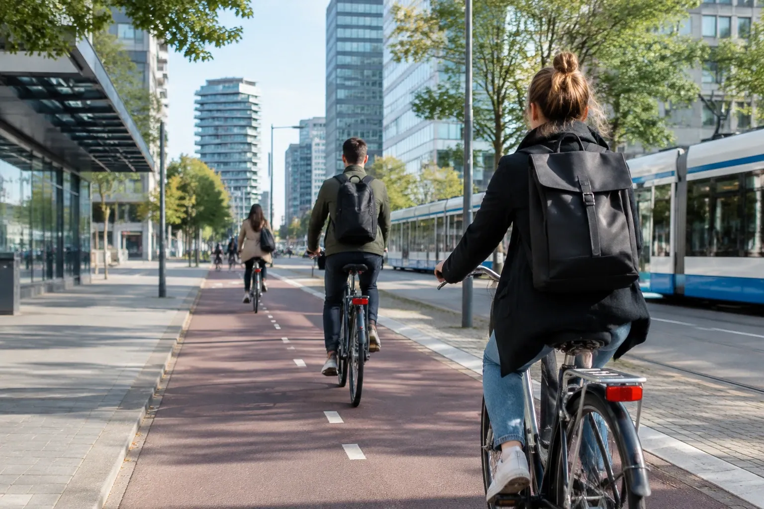 Drie fietsers op fietspad langs trambaan en hoge kantoorgebouwen, zonnig weer