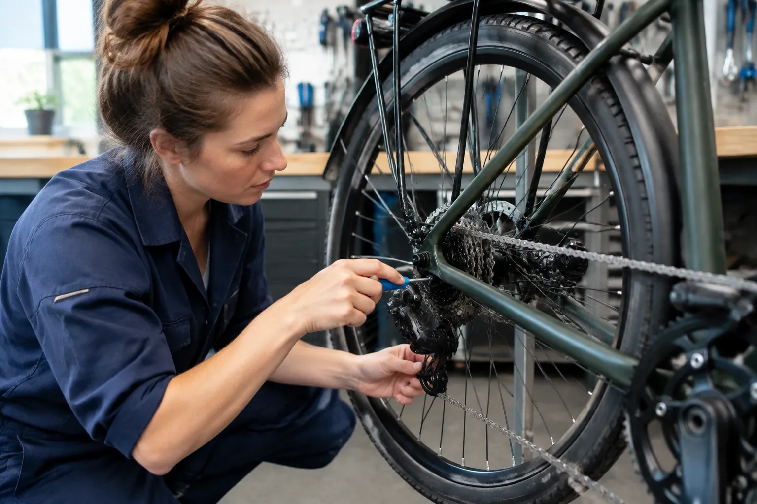 Vrouw in werkpak reinigt fietsketting en achterderailleur met borstel in werkplaats