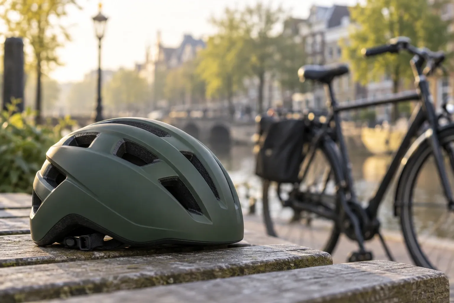 Matgroene fietshelm op houten bankje langs grachten met stadsfiets op achtergrond