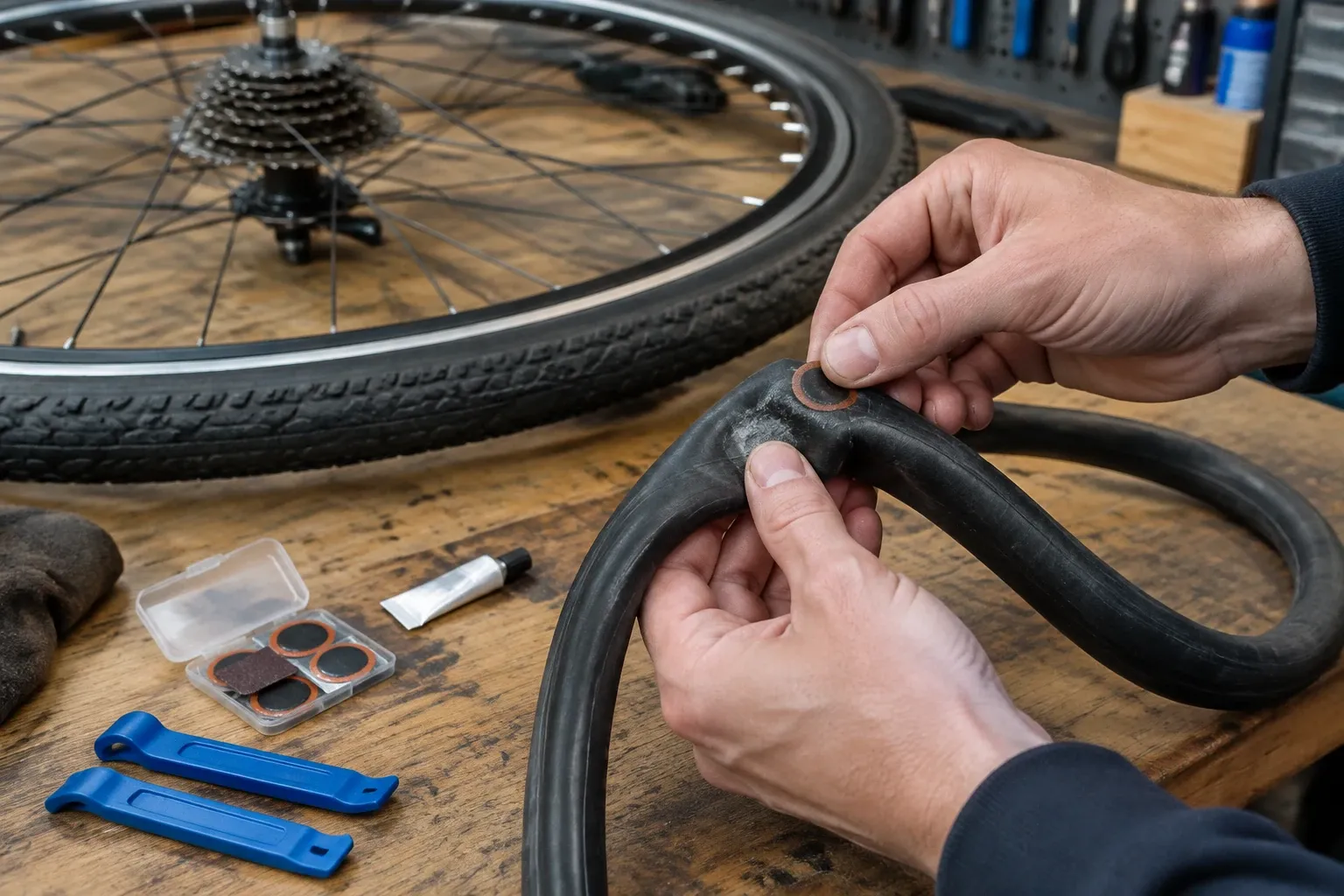 Handen plakken een reparatielapje op een lekke binnenband naast bandenlichters en een fietswiel