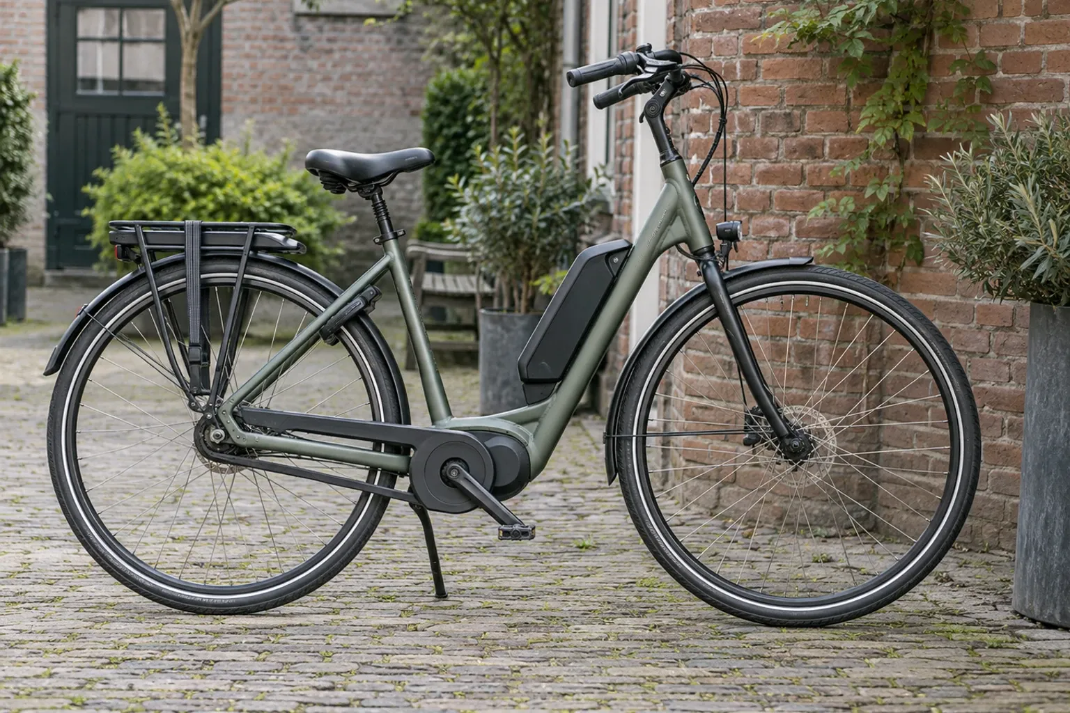 Matgroene tweedehands elektrische stadsfiets met middenmotor en accupakket naast bakstenen muur